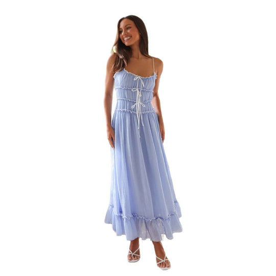 Damen Maxikleid mit verstellbarem Schnürdetail und rüschigem Saum R&B