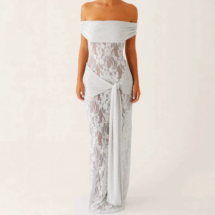 Damen Elegant drapiertes Spitzenkleid mit off-shoulder Design R&B