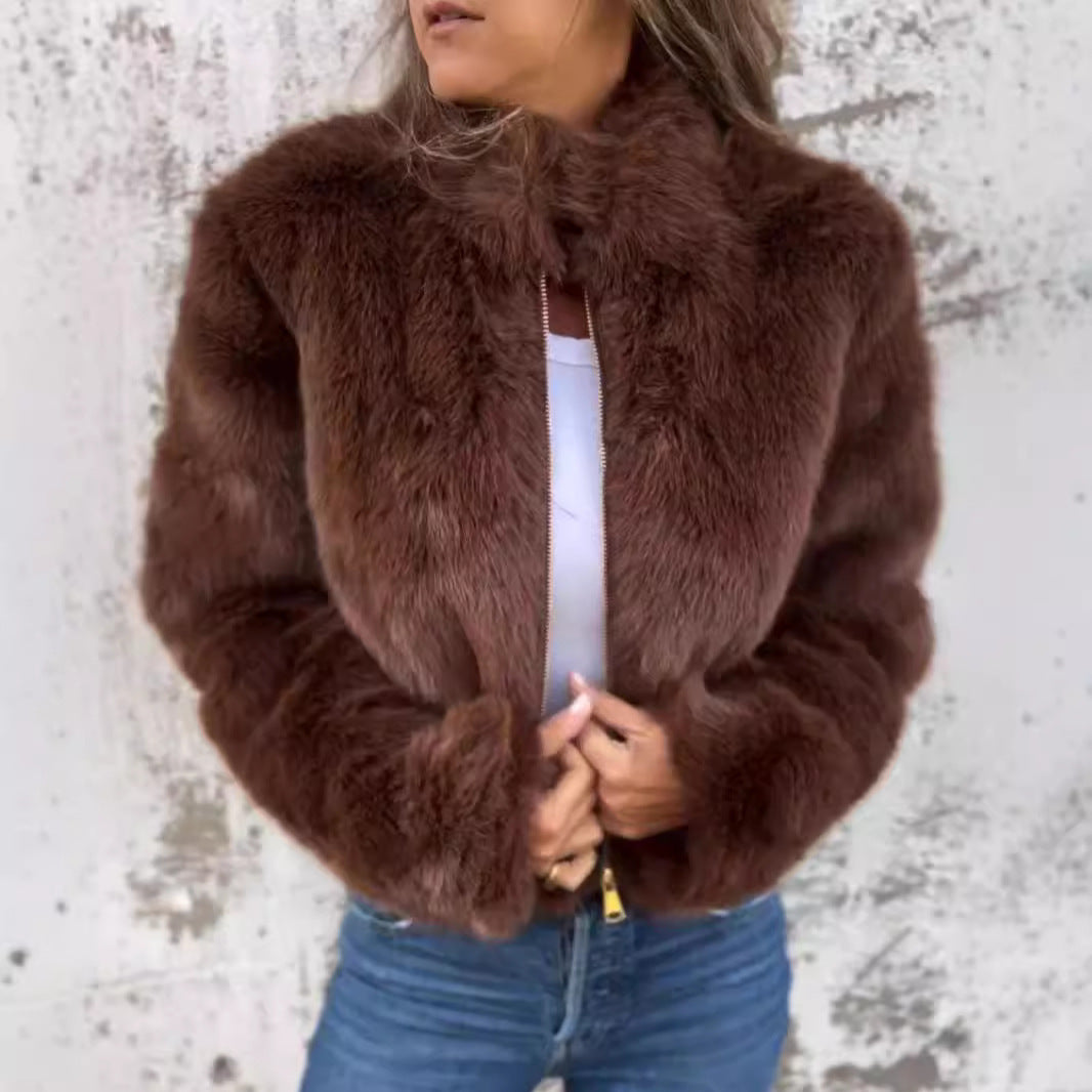 Damen kuschelige und modische Fleecejacke mit Stehkragen und Reißverschluss R&B