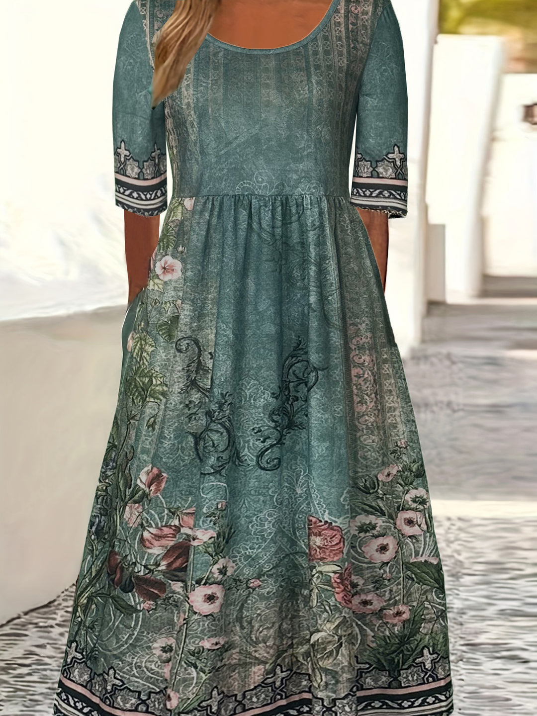 R&B | Rundhalsausschnitt Kurzarm Bohemian Print Kleid Frauen