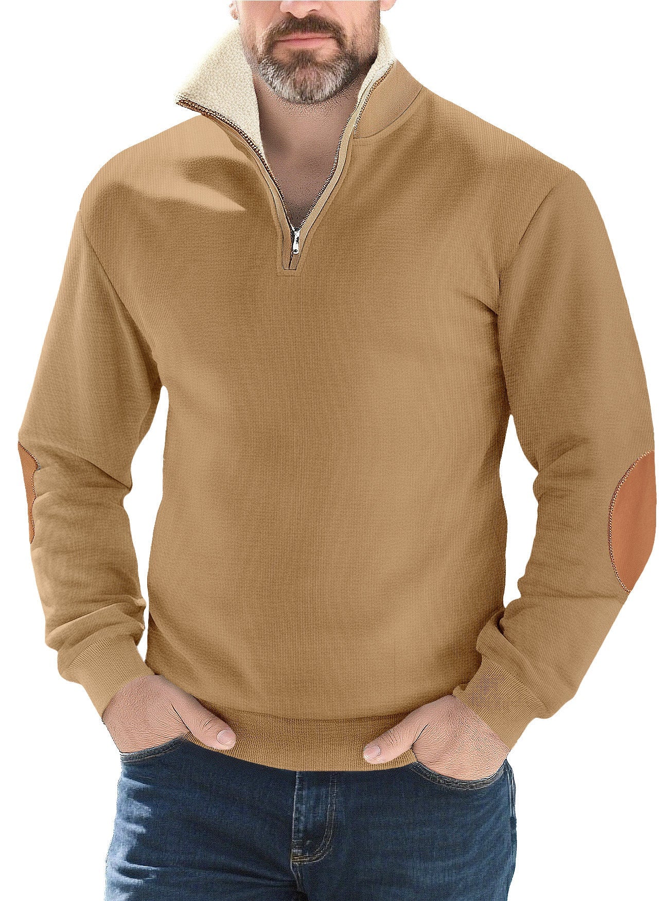 Herren nan Strukturstrick-Halbzipppullover mit wärmendem Sherpa-Kragen und Velours-Ellenbogenapplikation R&B