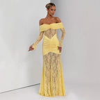 Damen elegantes Spitzenkleid mit Off-Shoulder-Ausschnitt und Raffungen R&B