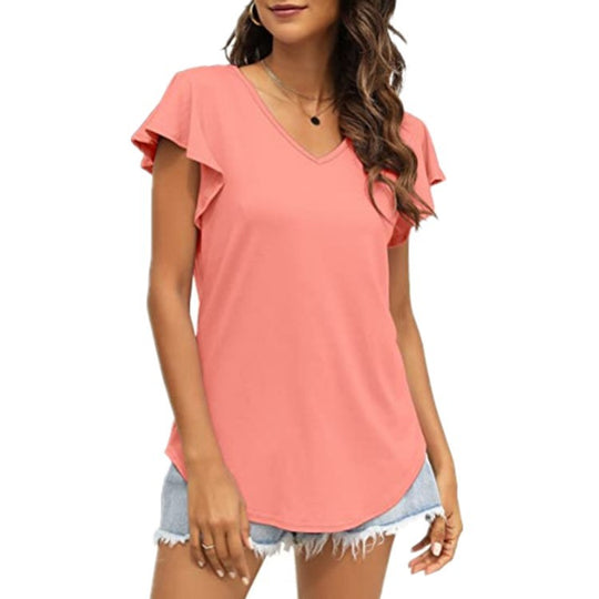 Damen V-Ausschnitt T-Shirt mit Rüschenärmeln und lässigem Schnitt R&B