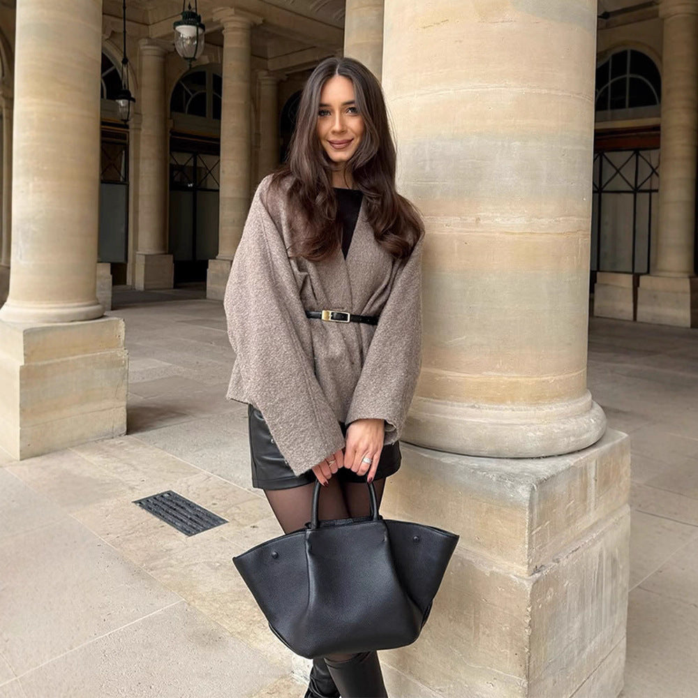 Damen Oversized Wolljacke mit Gürtel und weiten Ärmeln R&B