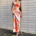 Damen elegantes Sommerkleid mit raffiniertem Wasserfall-Ausschnitt und einzigartigem Batikmuster R&B