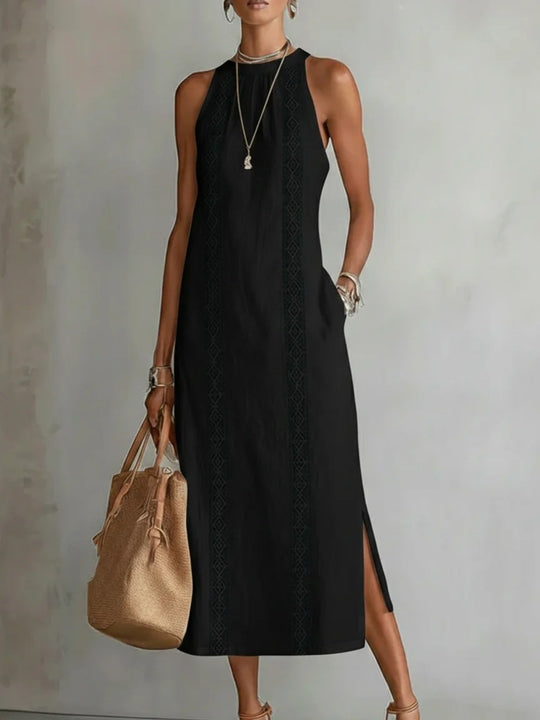Damen Elegantes Sommer-Maxi-Kleid mit Spitzenapplikation und seitlichem Schlitz Heidi-Mode