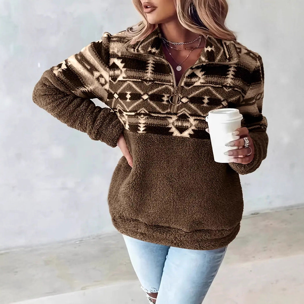 Damen Fleece-Pullover mit modernem Aztekenmuster und Stehkragen R&B