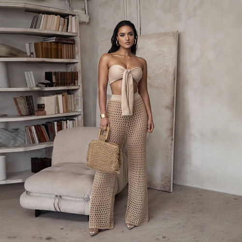 Damen Set aus gehäkeltem Oberteil und weitem Palazzo-Hosen R&B