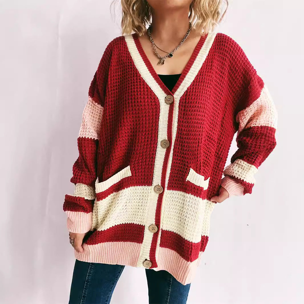 Damen Strickjacke mit modernen Streifenmustern und praktischen Taschen R&B