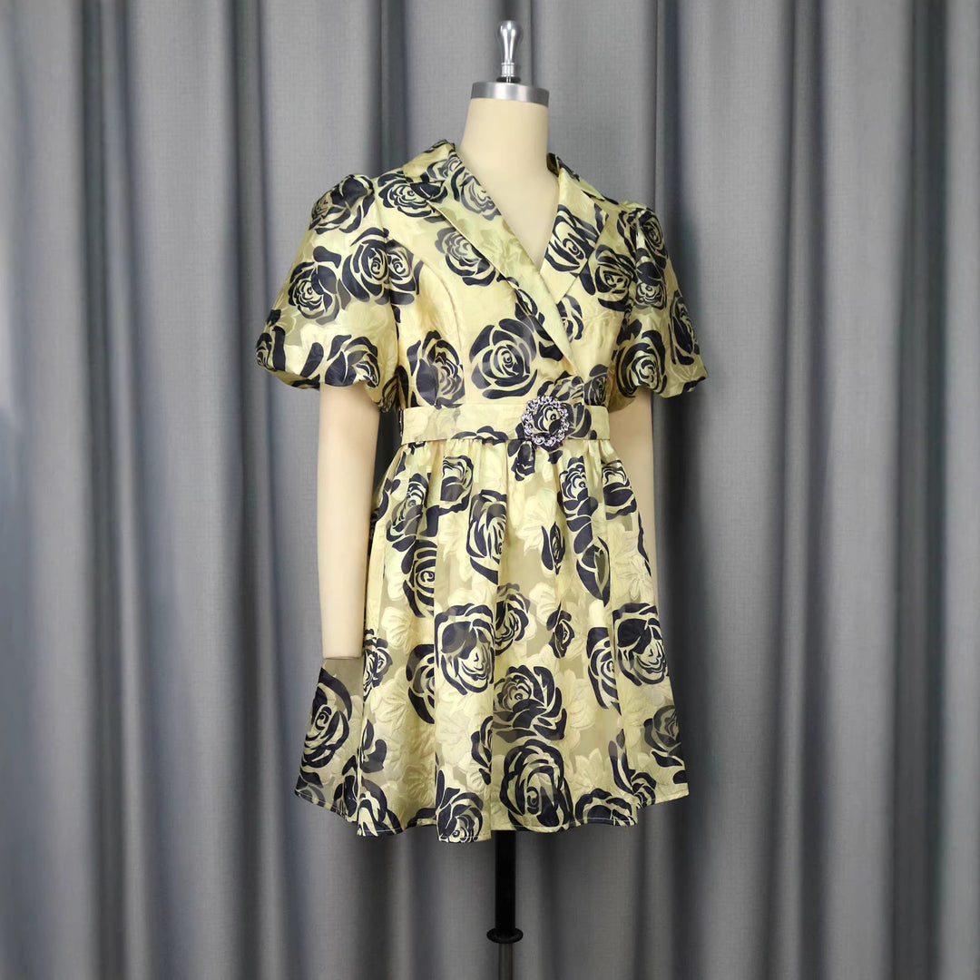 Damen Blumendesign Kurzkleid mit tailliertem Schnitt und auffälligen Puffärmeln R&B