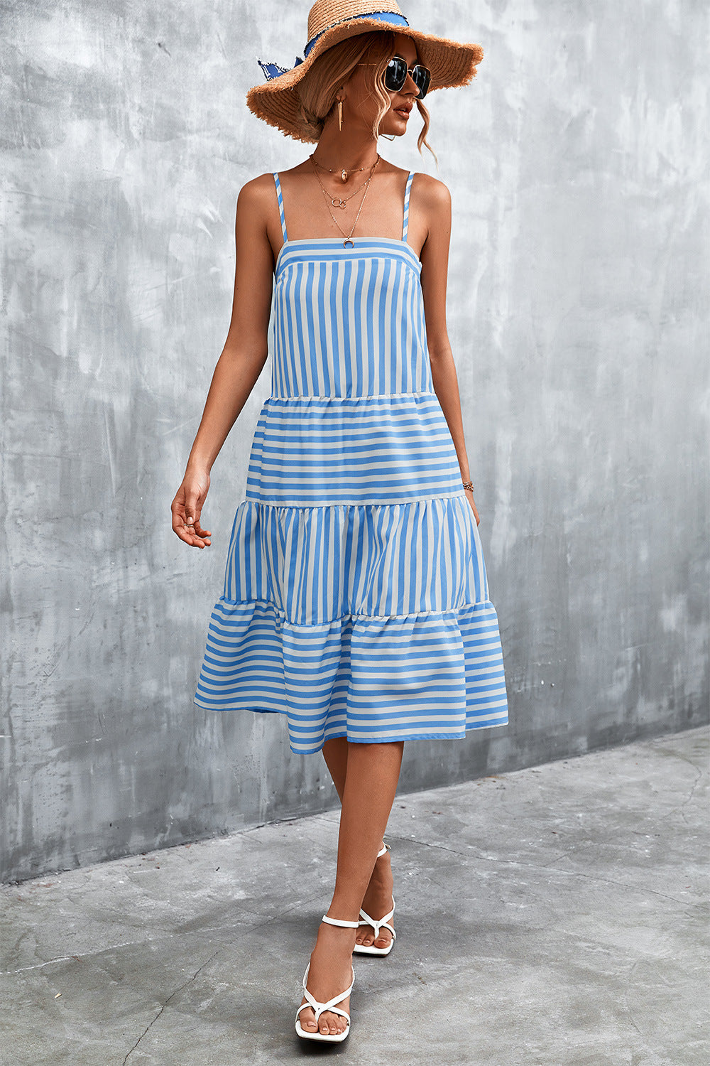 Damen Luftiges Gestreiftes Maxikleid mit Rüschendetails und verstellbaren Trägern R&B