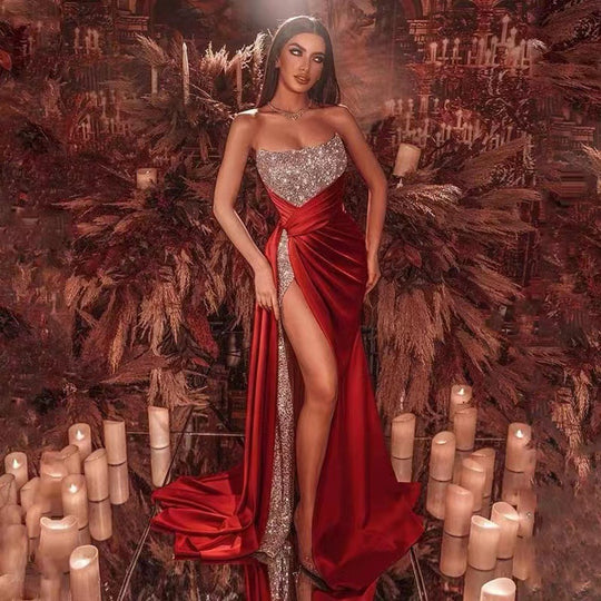 Damen Glamouröses Maxikleid mit funkelndem Oberteil und hohe Beinschlitz R&B