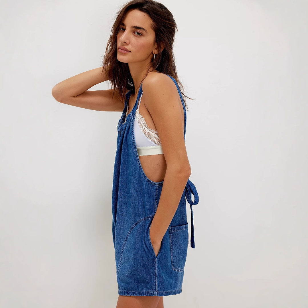 Damen Denim-Jumpsuit mit verspieltem Schnitt und verstellbaren Trägern R&B