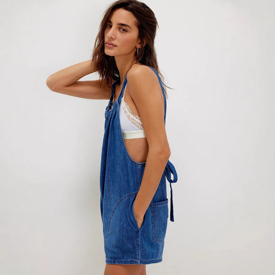 Damen Denim-Jumpsuit mit verspieltem Schnitt und verstellbaren Trägern R&B