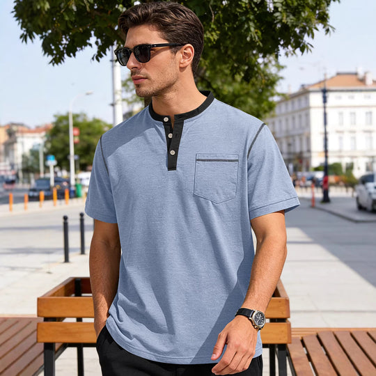 Herren nan legeres Kurzarm-Bandkragenshirt mit Knopfleiste Brusttasche und Flatlocknähten R&B