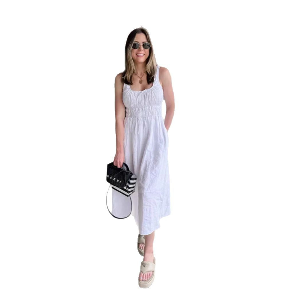Damen nan midilanges Leinenoptik-Kleid mit Smokoberteil, elastischer Taillenpasse und breiten Trägern R&B
