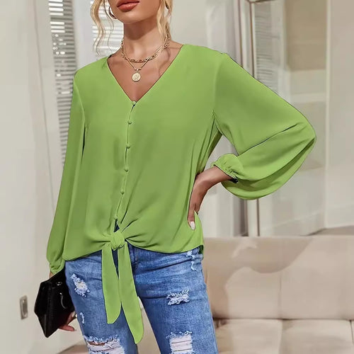 Damen elegante Bluse mit Knoten-Detail und V-Ausschnitt R&B