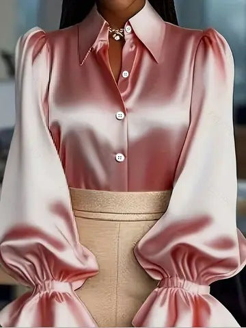 Damen elegante Seidenbluse mit Puffärmeln und schicker Knopfleiste R&B