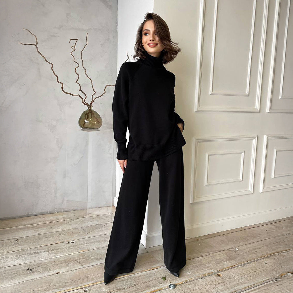 Damen Strick-Loungewear-Set mit hohem Kragen und weitem Schnitt R&B