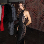 Damen Elegantes Spitzenkleid mit hohem Kragen und seitlichem Schlitz R&B