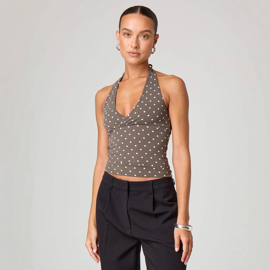 Damen Halter-Top mit Punktmuster und V-Ausschnitt R&B