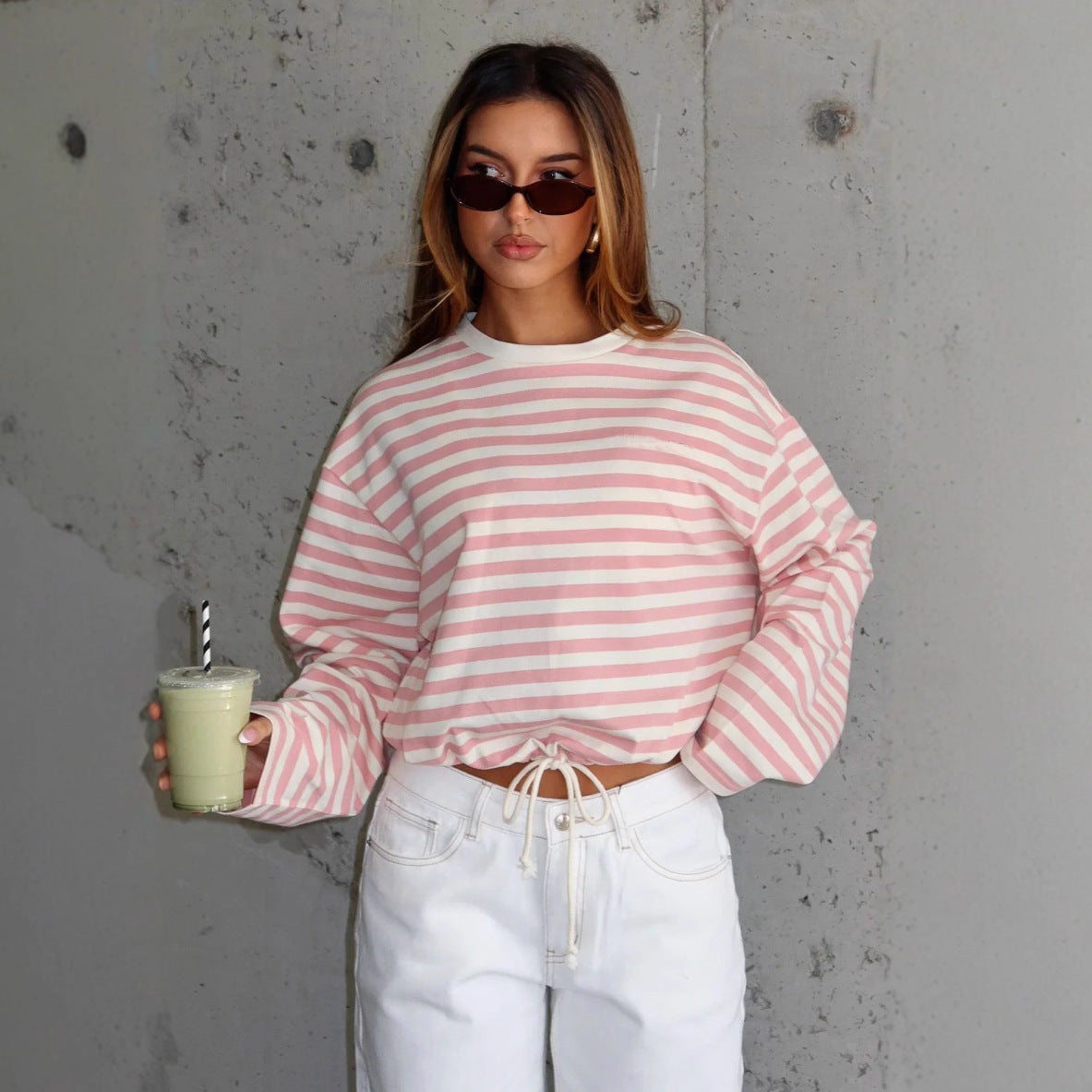 Damen cropped gestreifter Sweatshirt mit Kordelzug R&B