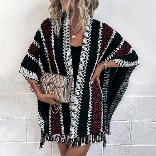 Damen Strickponcho mit V-Ausschnitt und Fransen R&B
