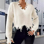 Damen Oversized Strickpullover mit fransigem Saum und raffiniertem Ausschnitt R&B