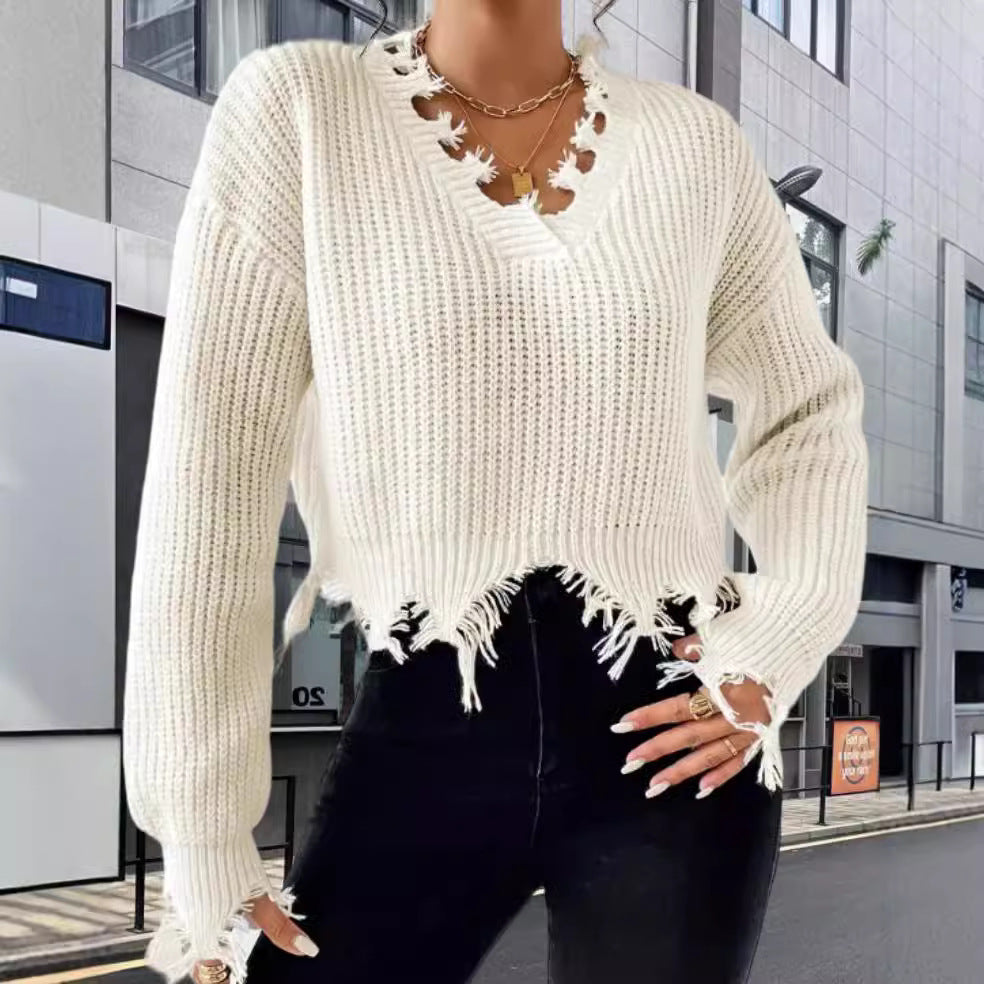 Damen Oversized Strickpullover mit fransigem Saum und raffiniertem Ausschnitt R&B