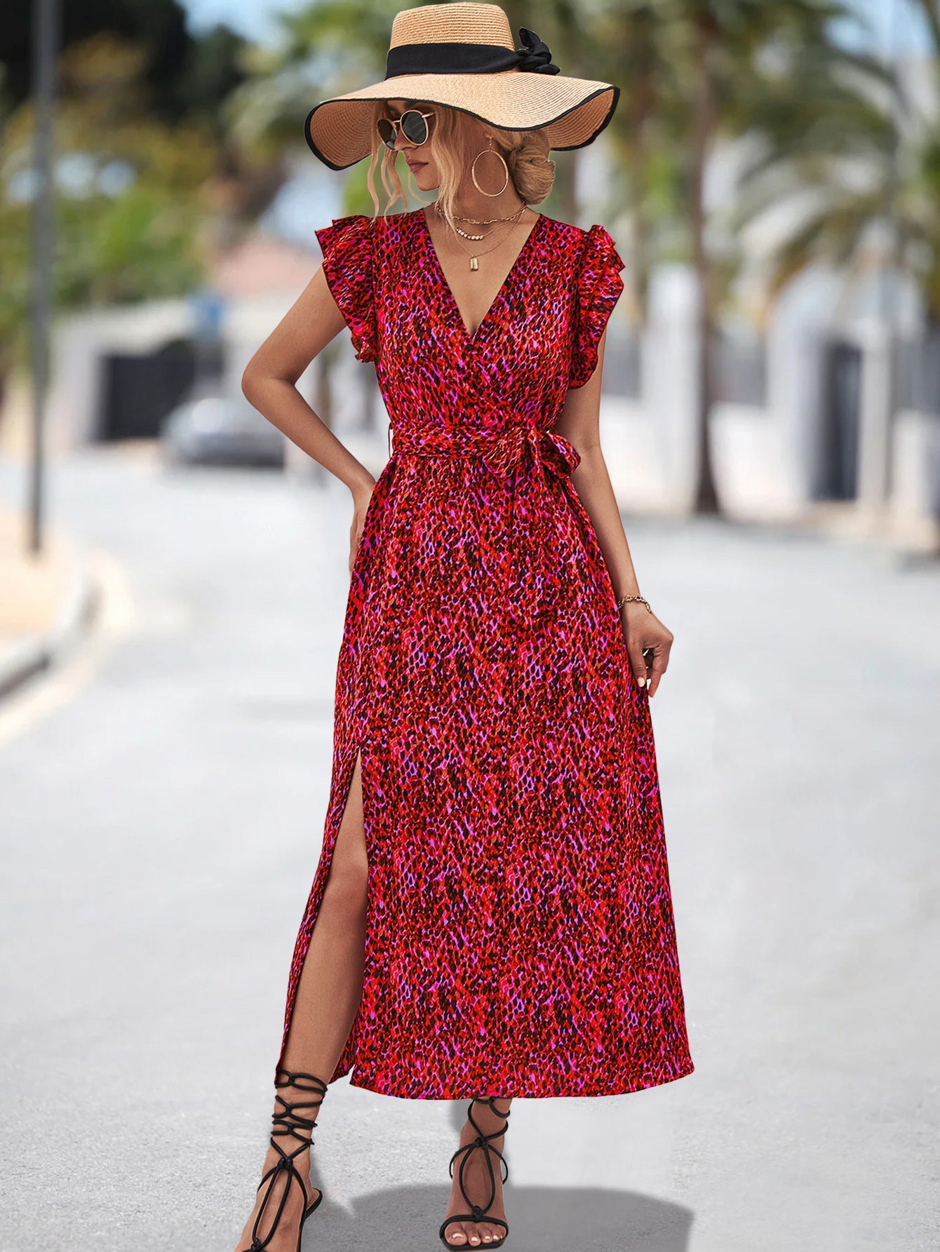 Damen Maxikleid mit voluminösen Rüschen und elastischem Taillenband R&B