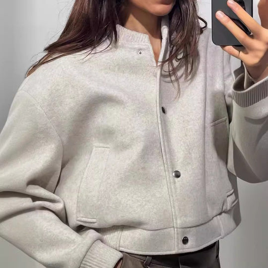 Damen Cropped Jacke mit modernem Stehkragen und Druckknopfverschluss R&B