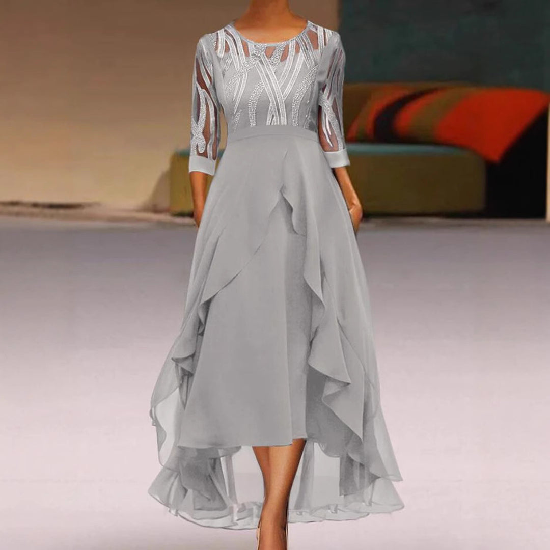 Damen nan edles Chiffon-Abendkleid mit besticktem Tülloberteil, Dreiviertelärmeln und asymmetrischem Stufen-Saum R&B