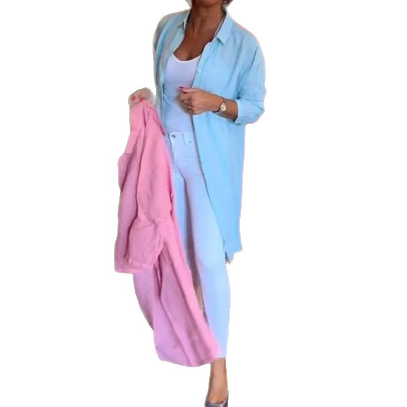 Damen nan offene Longbluse im Leinenmix mit Kentkragen, überschnittener Schulter und Seitenschlitzen R&B