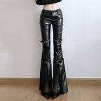 Damen Modische Kunstleder Flared Hose mit verstellbarem Bund R&B