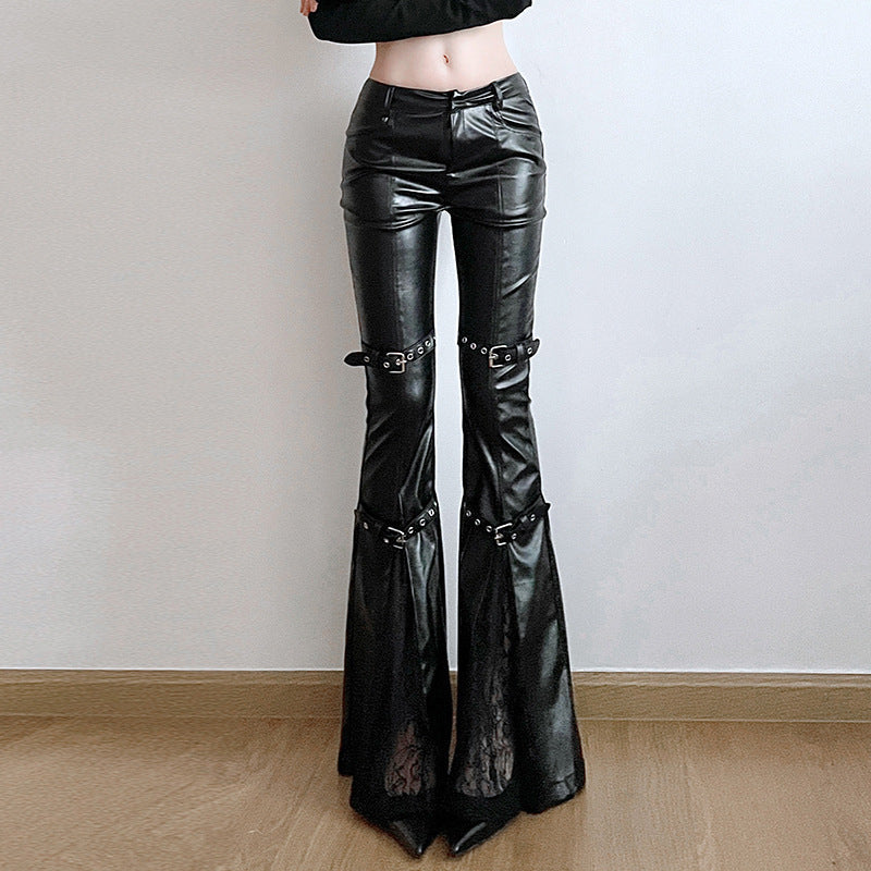 Damen Modische Kunstleder Flared Hose mit verstellbarem Bund R&B