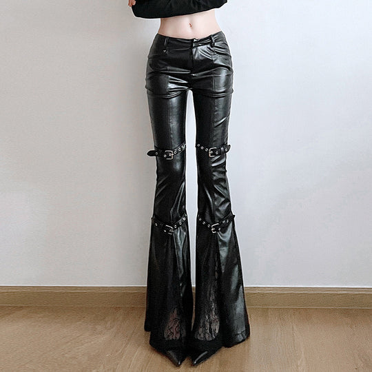 Damen Modische Kunstleder Flared Hose mit verstellbarem Bund R&B