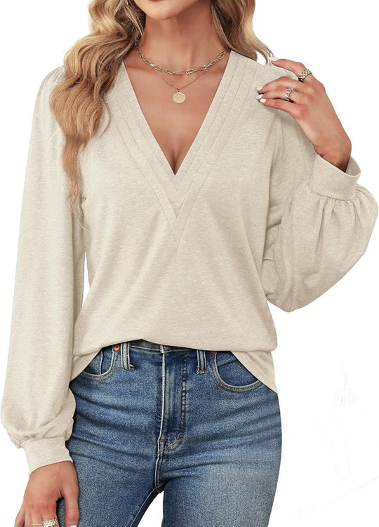 Damen Elegantes Blusenshirt mit V-Ausschnitt und puffförmigen Ärmeln R&B