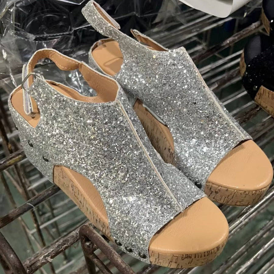 Damen Funkelnde Sandaletten mit modischem Kork-Design R&B