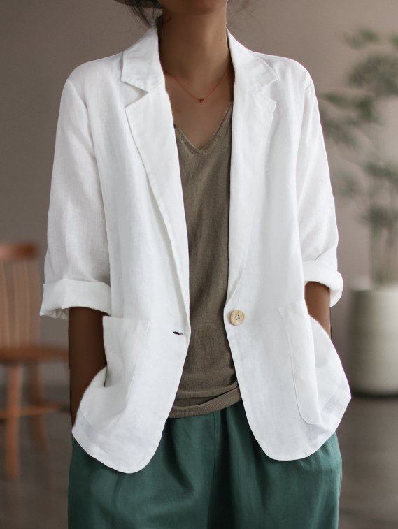 Damen Lässiger Leinenblazer mit breiten Ärmeln und Knopfverschluss R&B