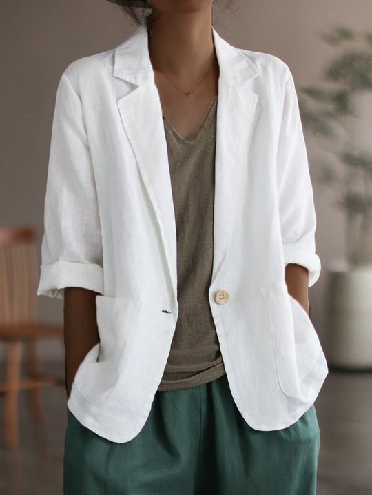 Damen Lässiger Leinenblazer mit breiten Ärmeln und Knopfverschluss R&B
