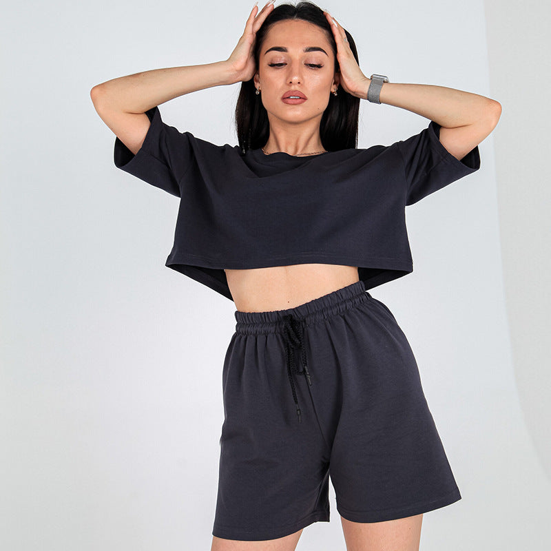 Damen lässiges Crop-Top und Shorts-Set mit elastischem Bund R&B