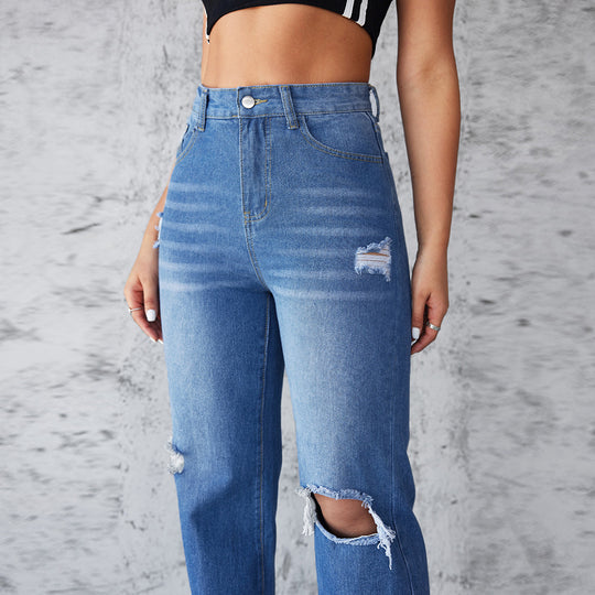 Damen Schlagjeans mit hohen Beinöffnungen und modischen Destroyed-Details R&B