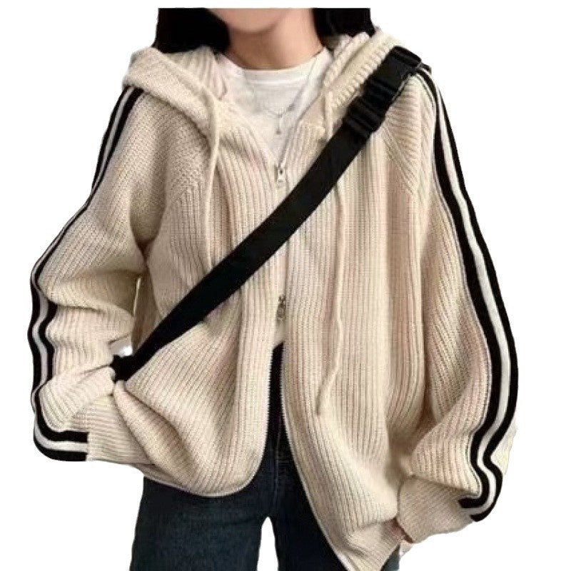 Damen lässiger Strickhoodie mit tiefem V-Ausschnitt und seitlichen Streifen R&B