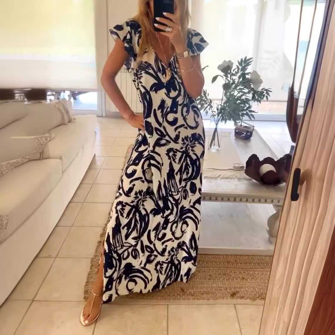 Damen Maxikleid mit voluminösen Ärmeln und elegantem V-Ausschnitt R&B