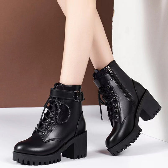 Damen nan Plateau-Schnürstiefelette aus Kunstleder mit profilierter Gummisohle und verstellbarem Schnallenriemen R&B
