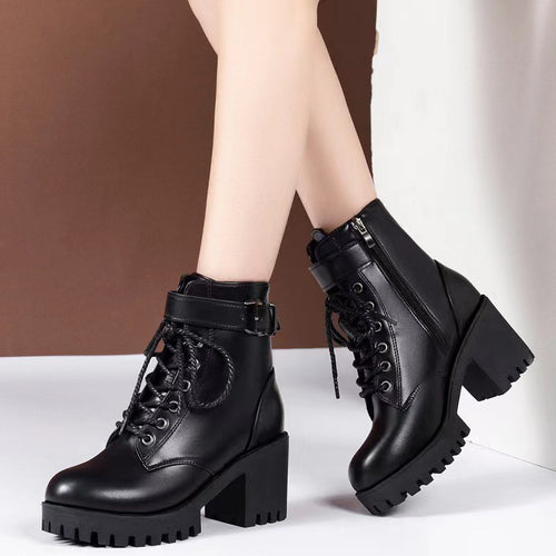 Damen nan Plateau-Schnürstiefelette aus Kunstleder mit profilierter Gummisohle und verstellbarem Schnallenriemen R&B
