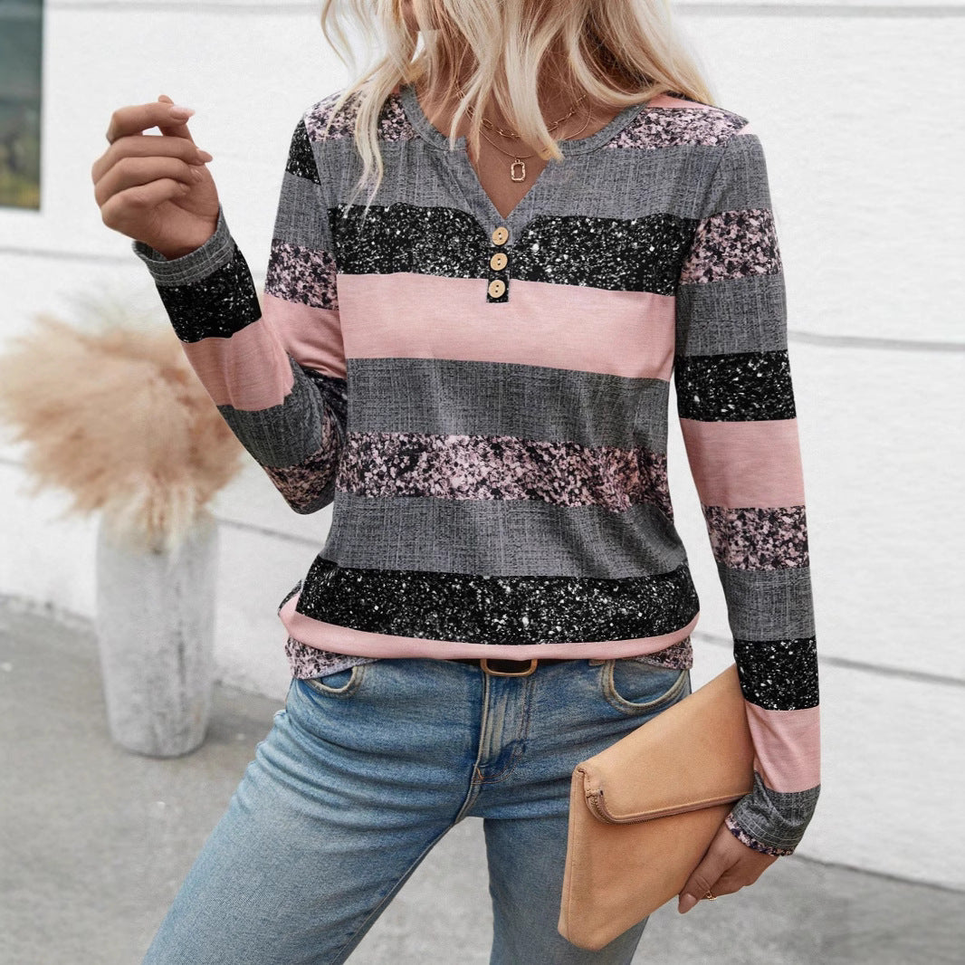 Damen Langarmshirt mit schimmernden Streifen und Knopfdetails R&B
