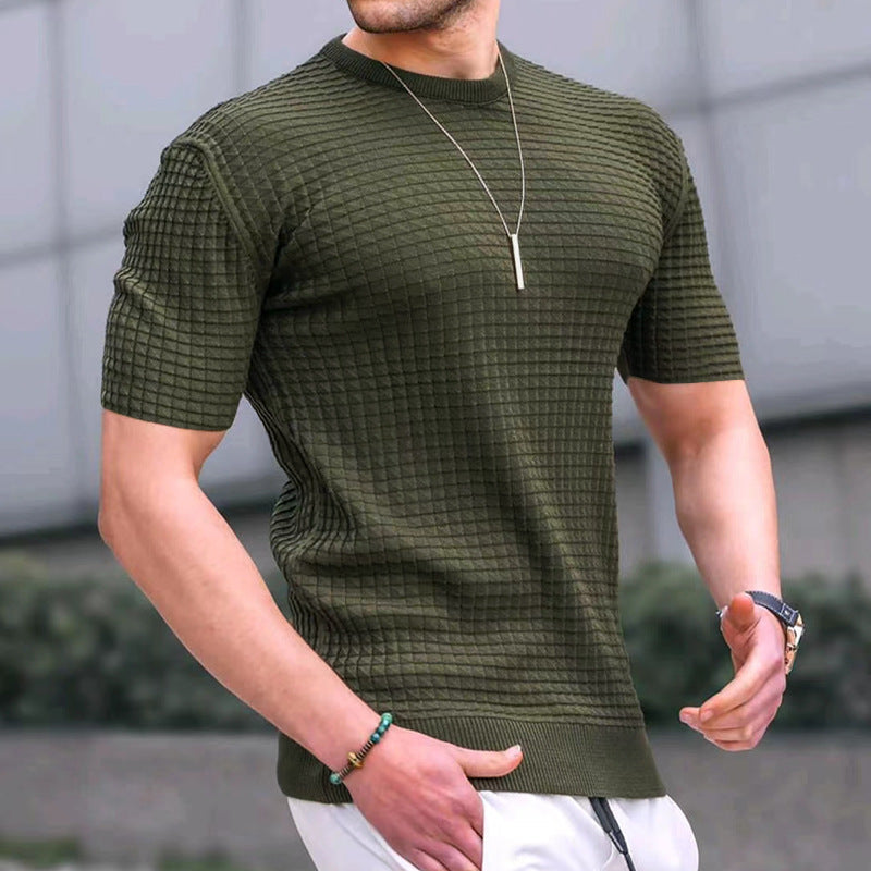 Herren nan Waffelstruktur-Kurzarm-Strickshirt mit schmaler Passform und elastischem Rippsaum R&B