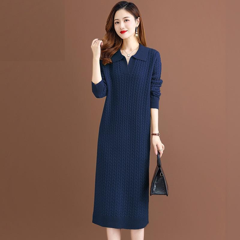 Damen Strickkleid mit klassischem Polokragen und feinem Zopfmuster R&B