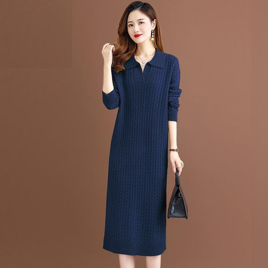 Damen Strickkleid mit klassischem Polokragen und feinem Zopfmuster R&B
